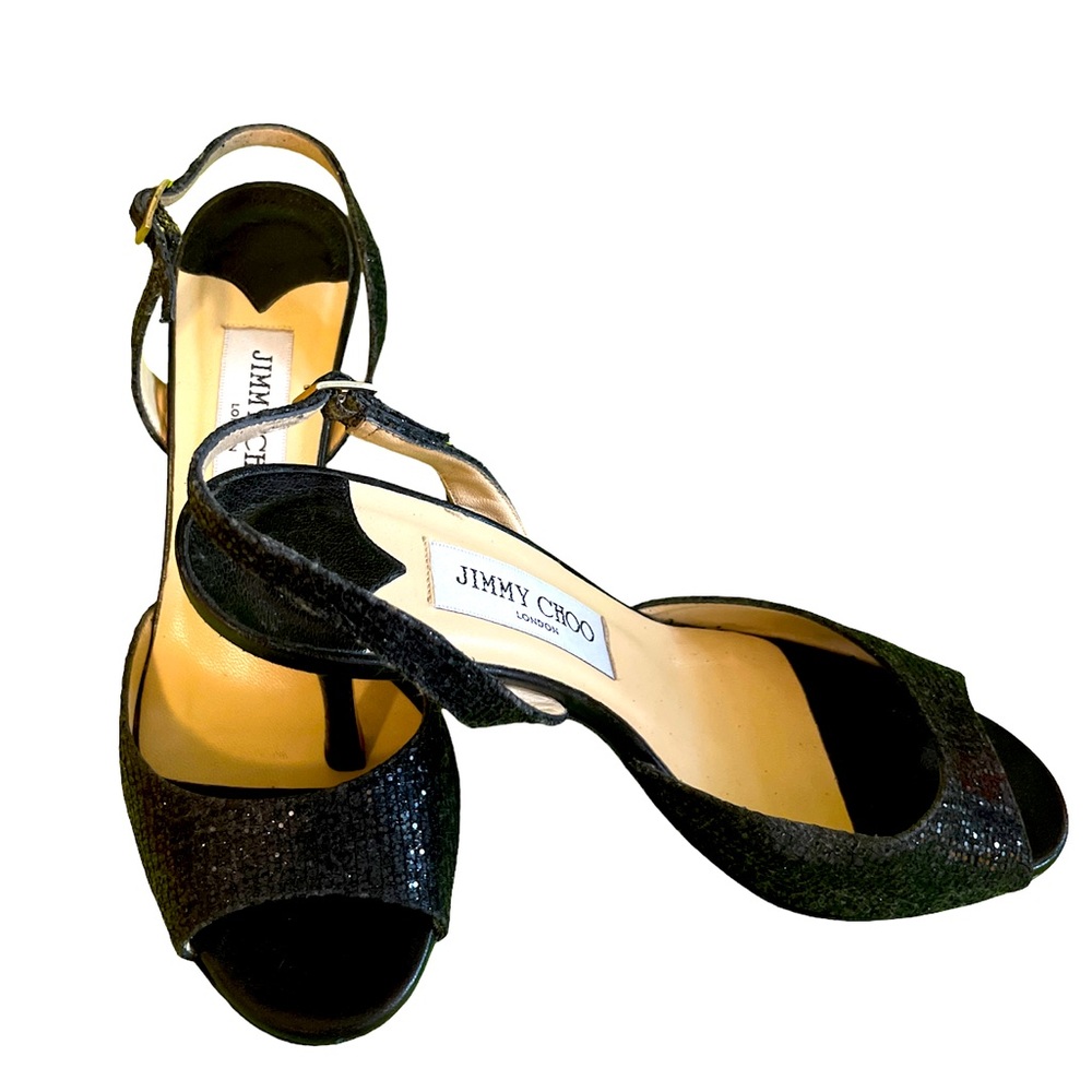 Jimmy Choo Black Glitter Open-Toe Slingback Heels